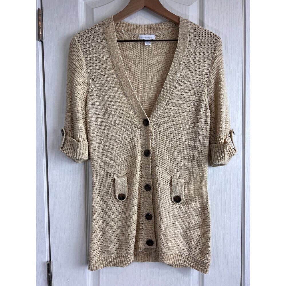 Charter Club Women's Tan Beige Short Sleeve Button Up Cardigan Sweater Size M